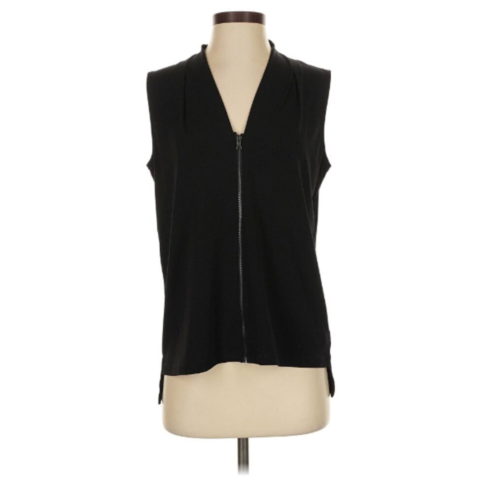 Tahari Zipper Front V-Neck Sleeveless Black Top, Small